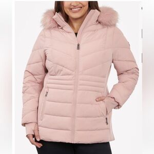 MICHAEL KORS Plus Faux-fur-trim Hooded Puffer Coat jacket Rosewater pink XXL EUC